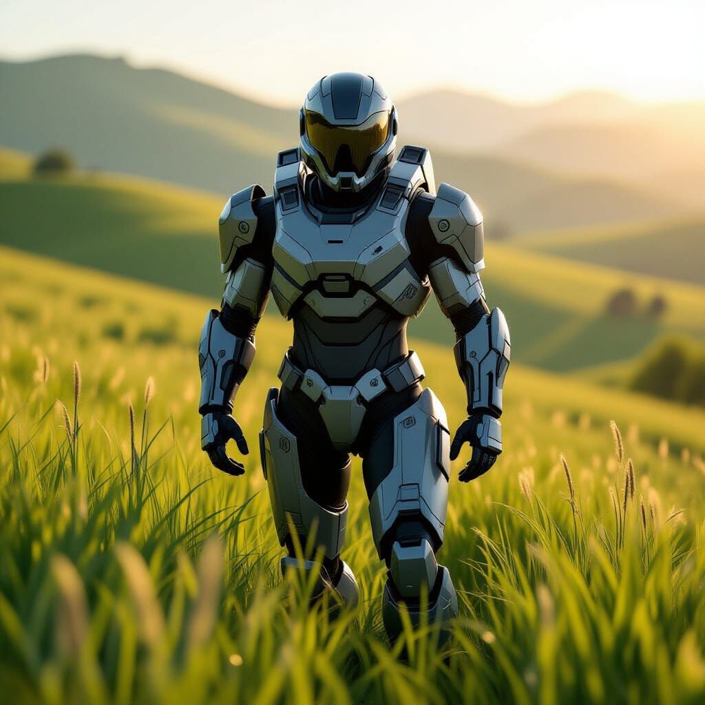 Futuristic Warrior in Advanced Armor on Green Hillside