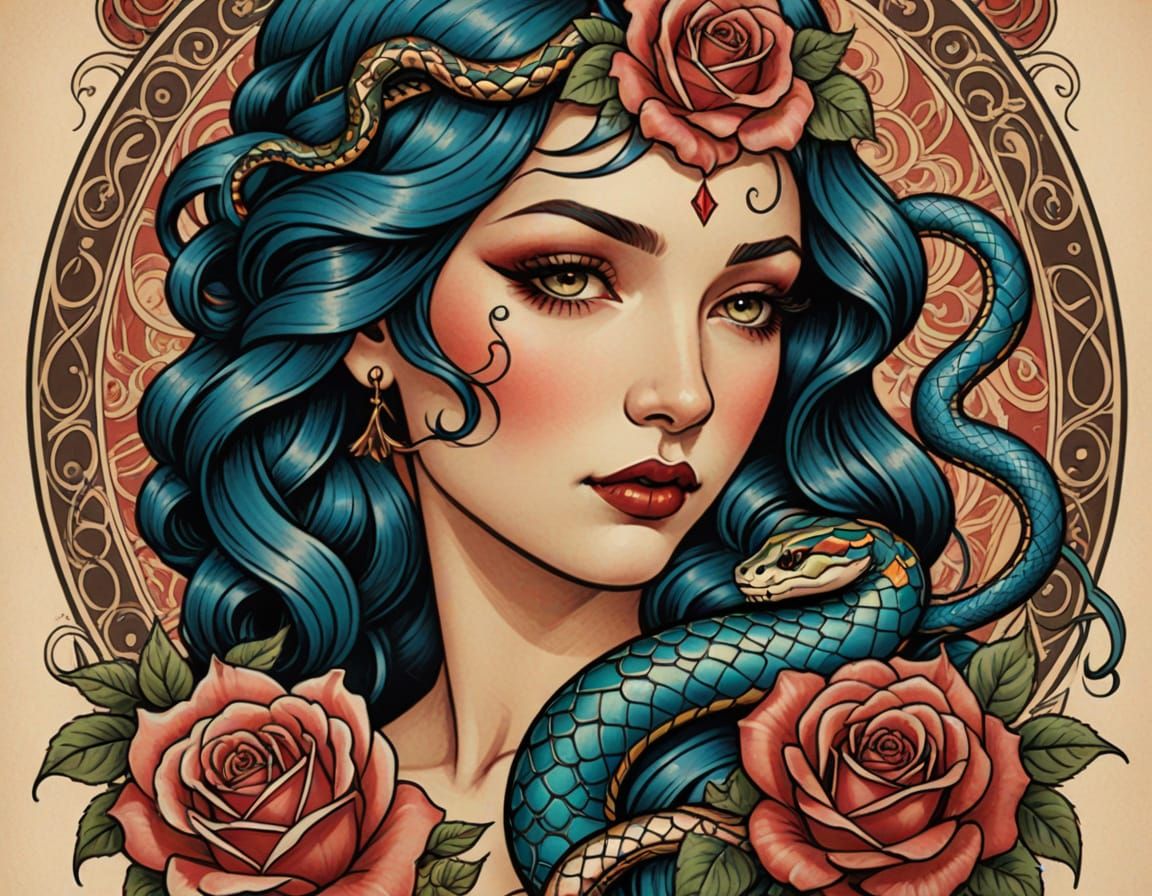 Mystical Snakes and Roses Tattoo Flash Sheet