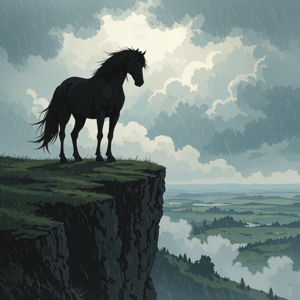 Majestic Stallion on Windswept Cliff in Dramatic Anime Style