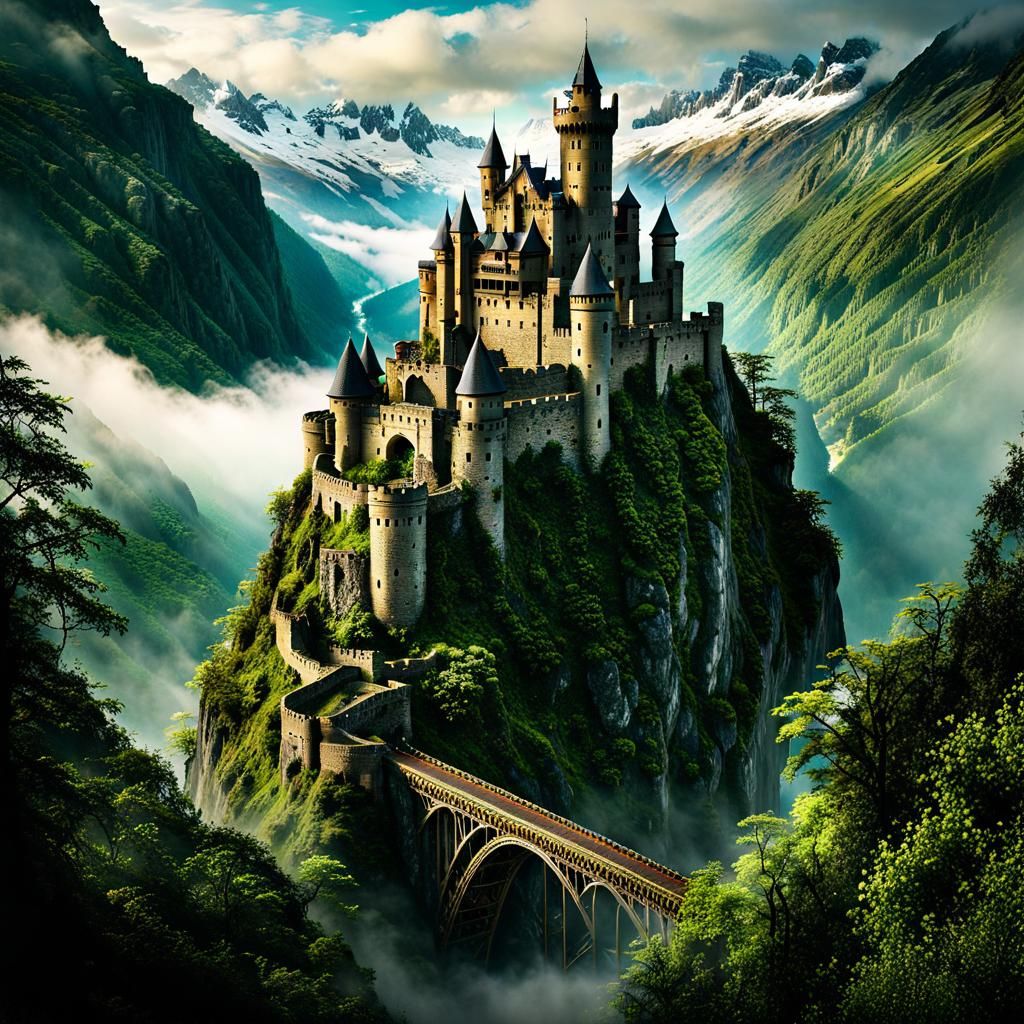 Ancient Castle Ruin on Misty Mountain: Dark Fantasy Art