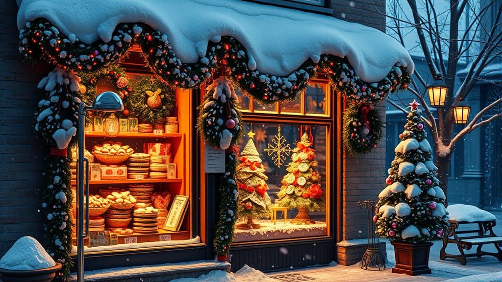 Vibrant Christmas Storefront in a Snowy Winter Scene