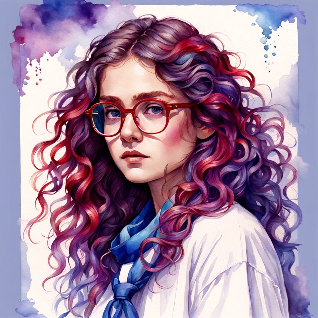 Ethereal Girl with Red Glasses in Watercolour Style