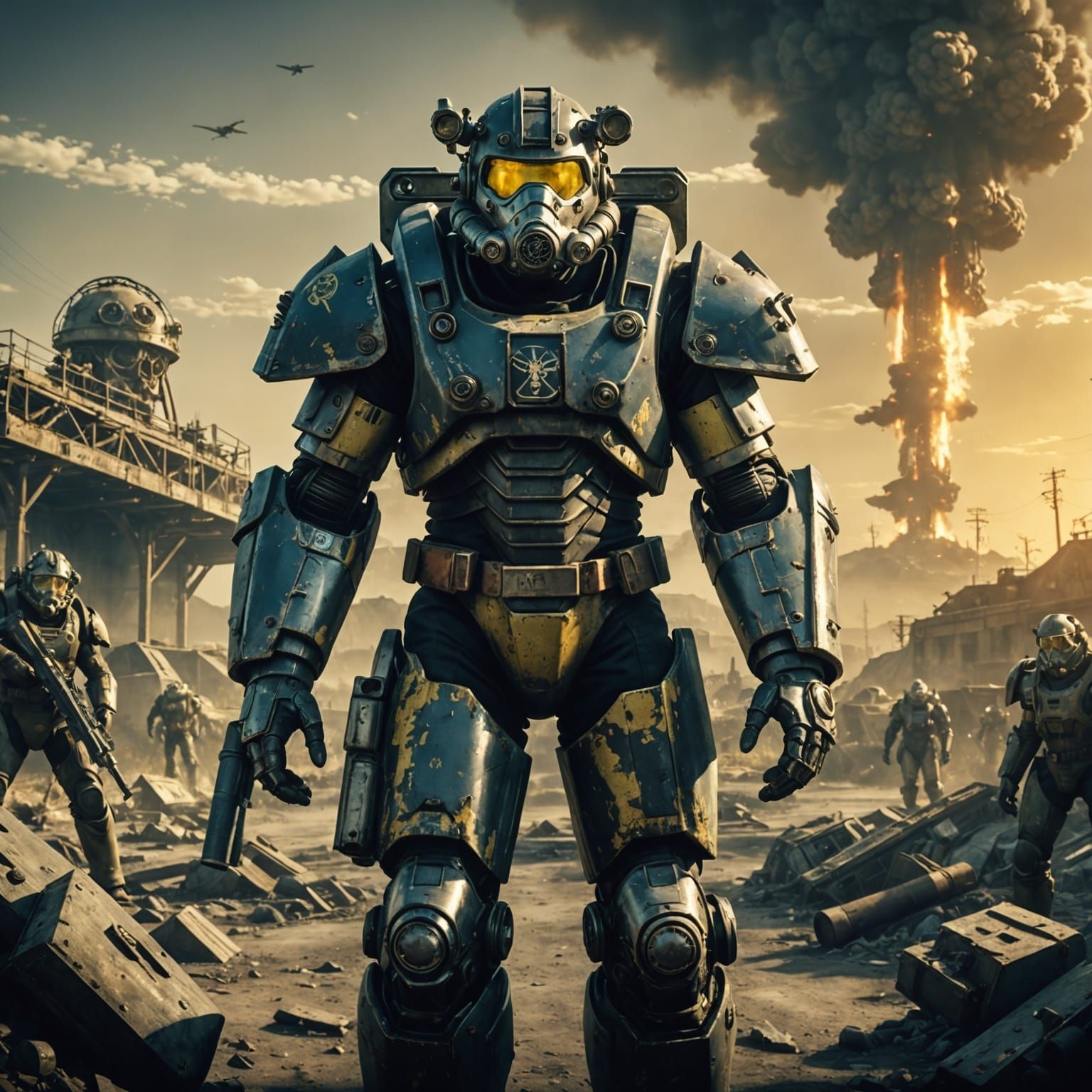 Fallout Power Armor Character Amidst Nuclear Blast