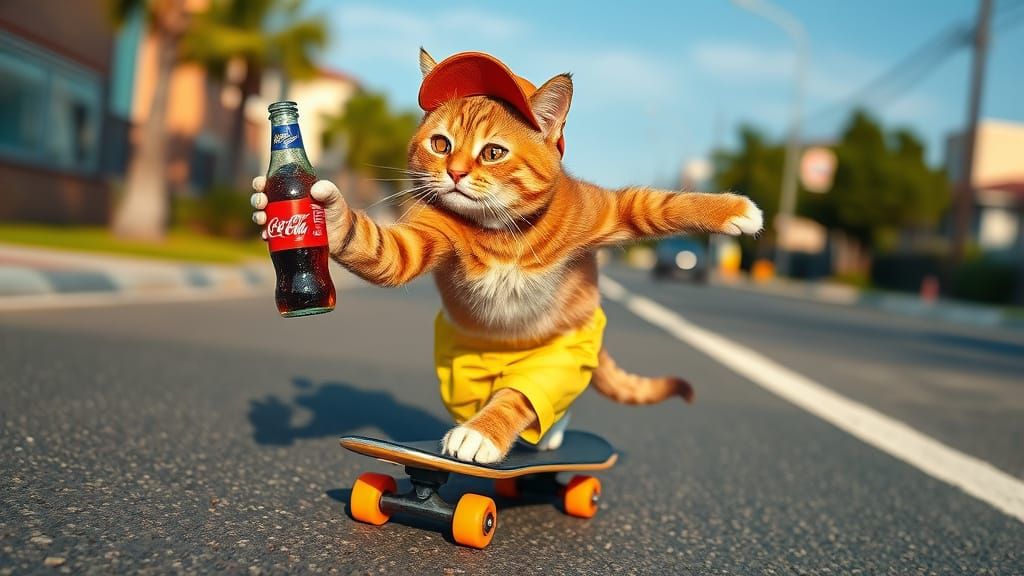 Vibrant Skateboarding Cat Embodies Freedom