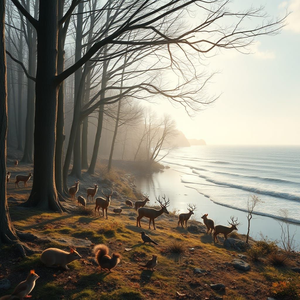 Winter Coastal Woodland with Wildlife in Hyperrealism