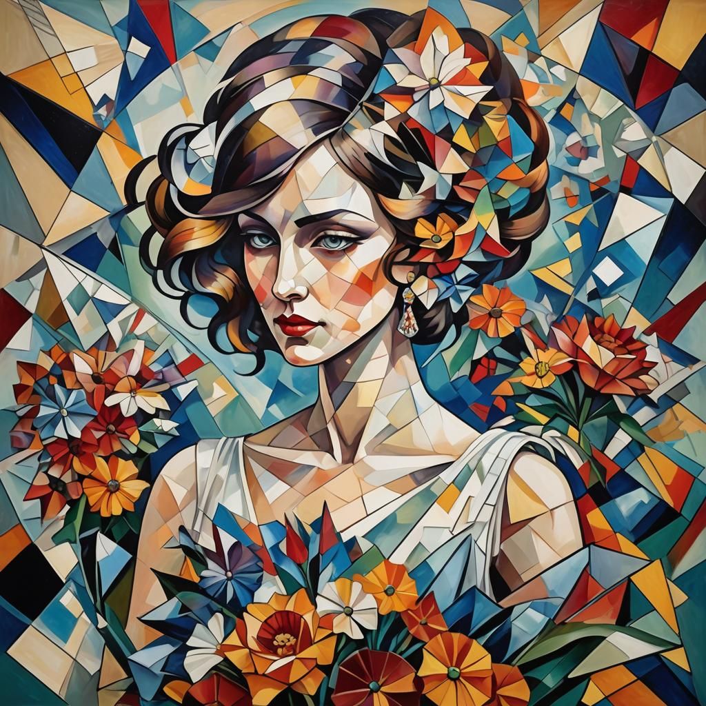 Neo-Cubist Bride with Bouquet in Geometric Style