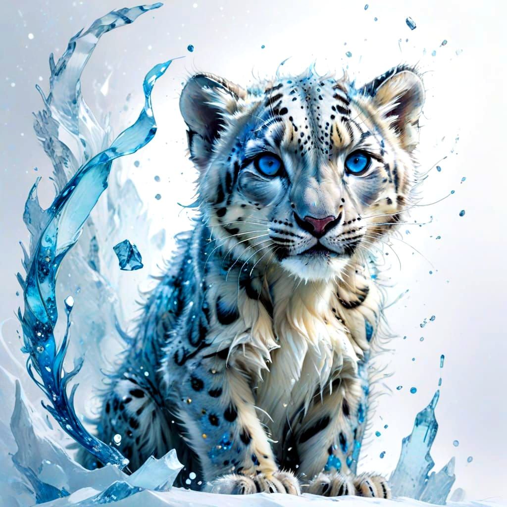 Enchanted Snow Leopard Cub in Dreamlike Winter Wonderland