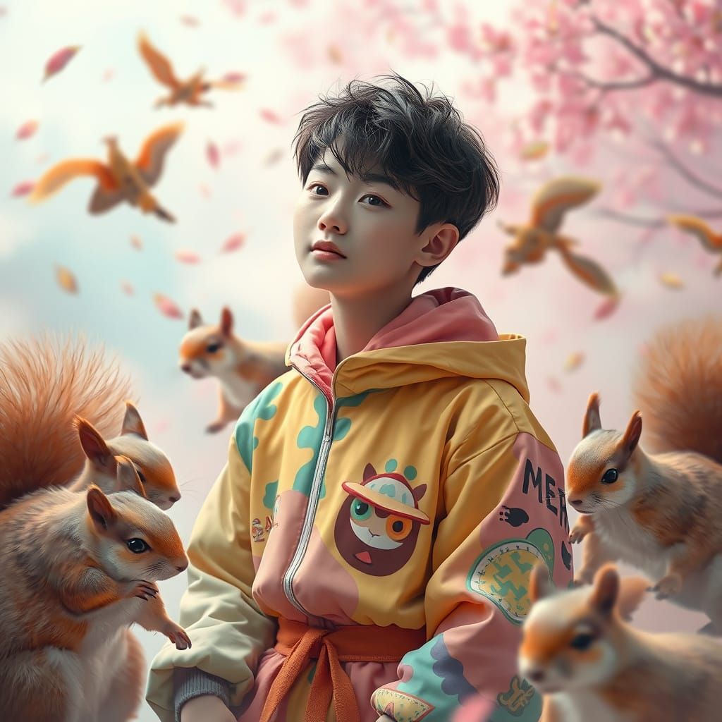Korean Teen Surrounded by Squirrels in Dreamlike Digital Art