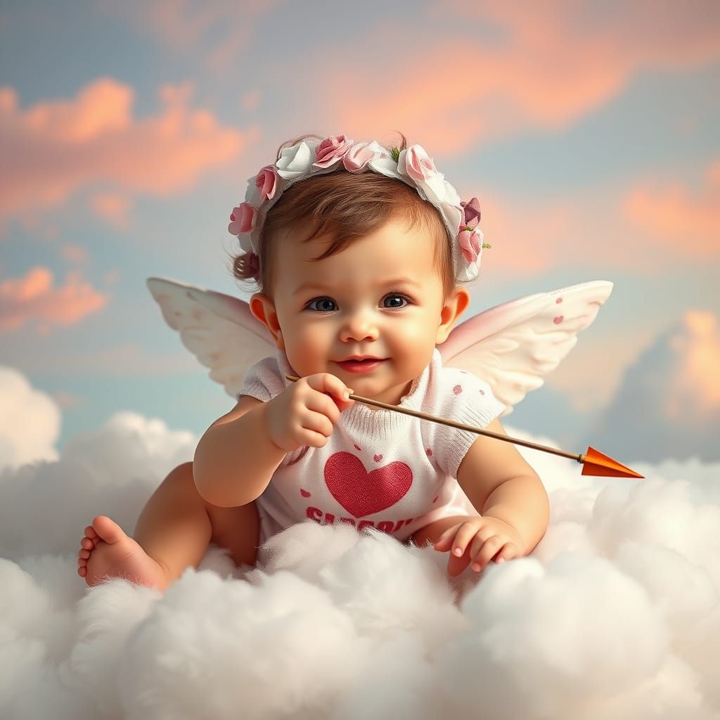 Enchanting Cupid Baby Portrait in Whimsical Cloudscape