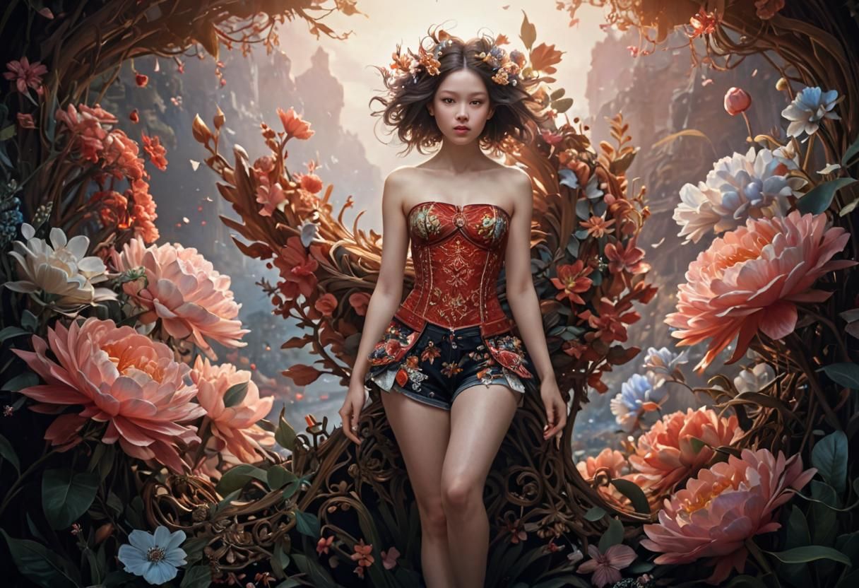 Majestic Girl with Floral Patterns and Ornaments