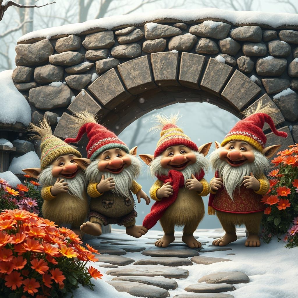 Joyful Trolls Dancing in Winter Snow