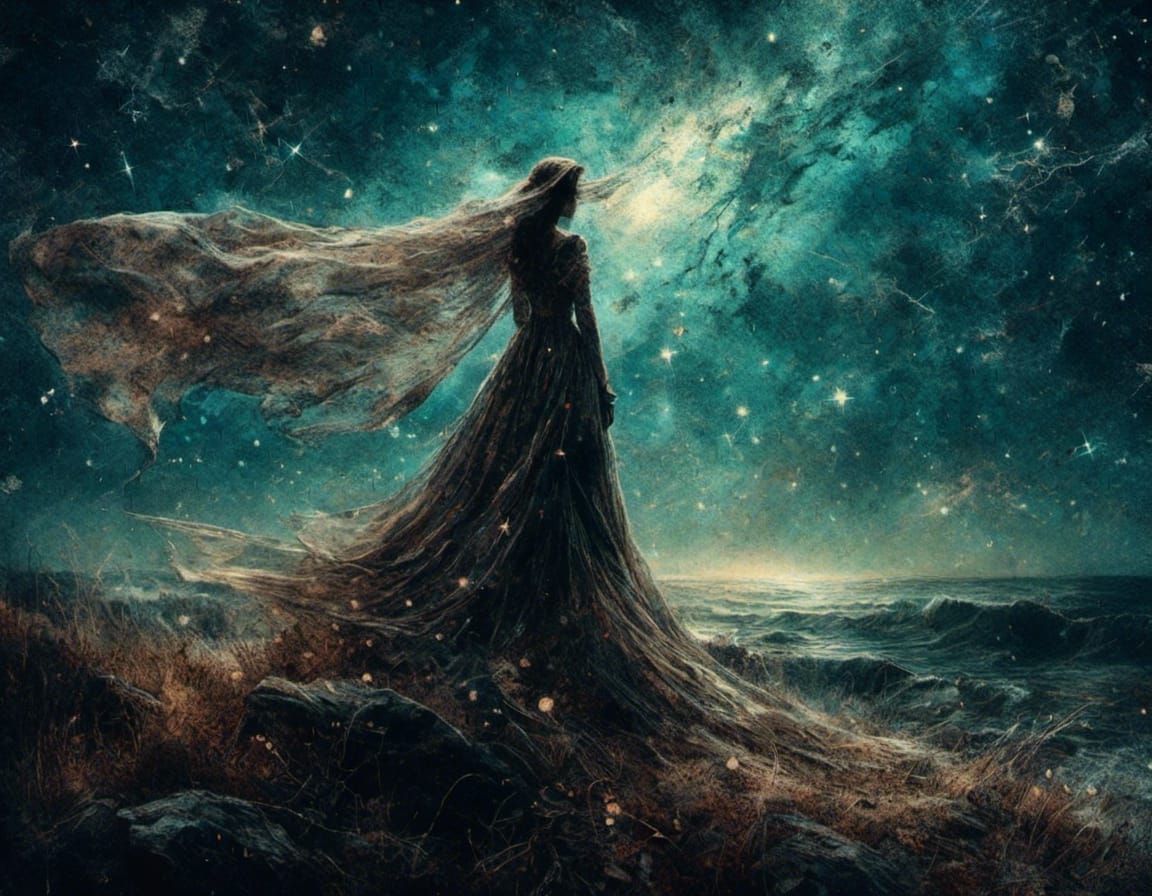 Macabre Bride Under Starry Sky, Double Exposure Art