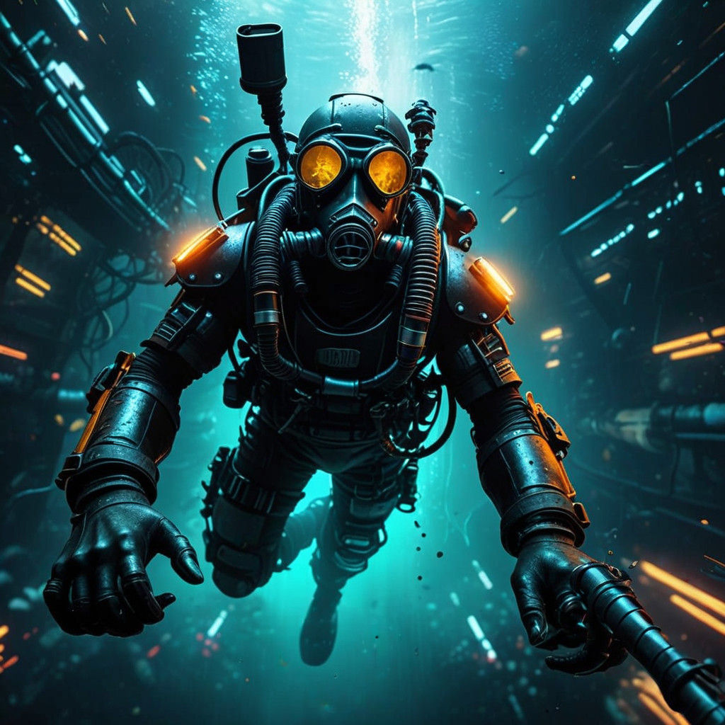 Steam Punk Scuba Diver in Epic Fantasy Underwater Scene