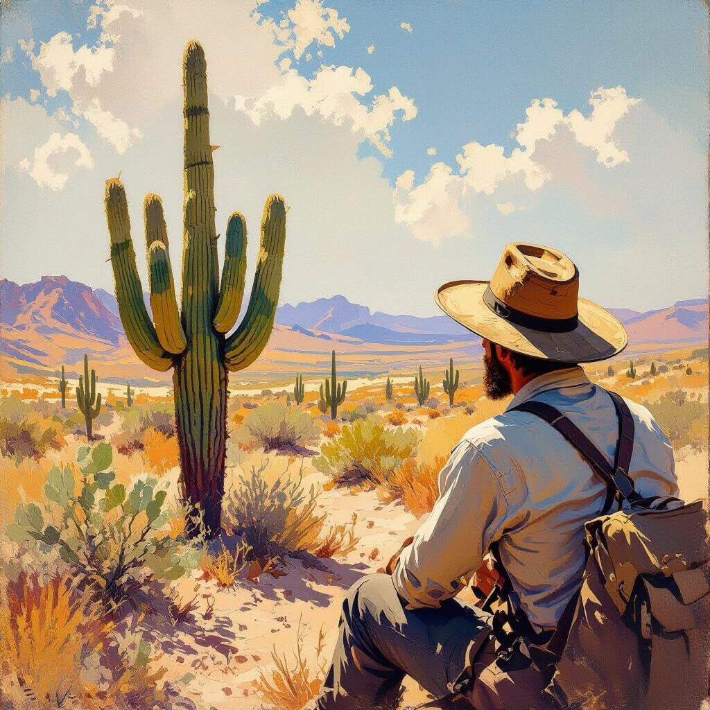 Desert Traveler Contemplates Cactus, Impressionistic Style