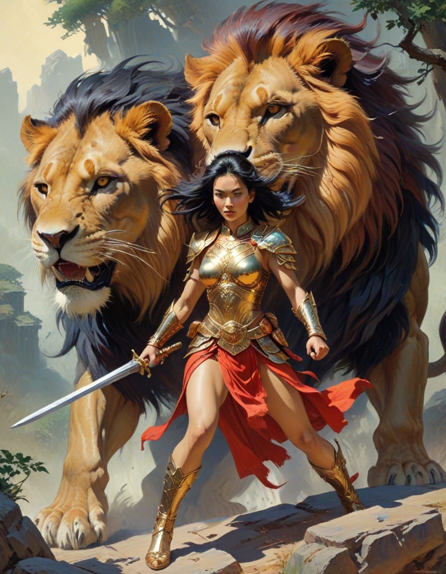 Asian Fantasy Warrior in Dynamic Acrylic Battle Scene