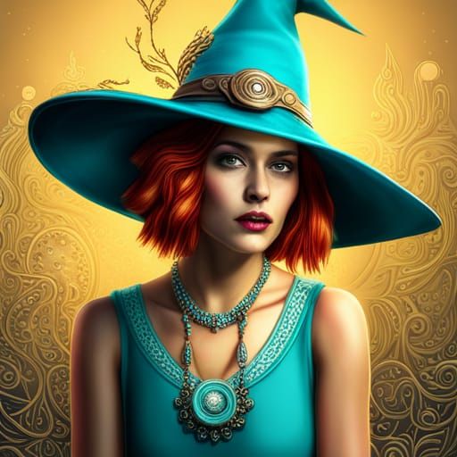 Girl Witch with Teal Hat and Magical Details
