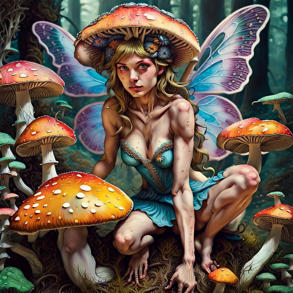 Psychedelic Fairy on Mushroom in Splash Art Style