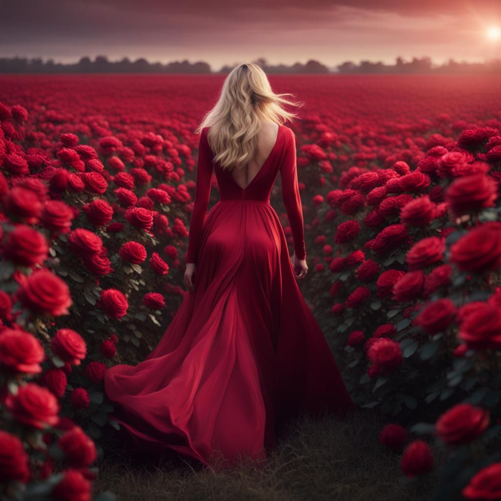 Blonde Model in Red Dress, Digital Painting