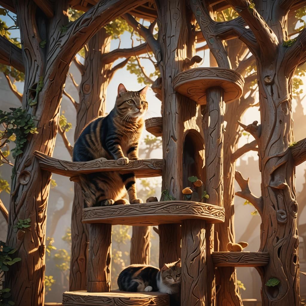 Cat Exploring Towering Fantasy Cat Tree