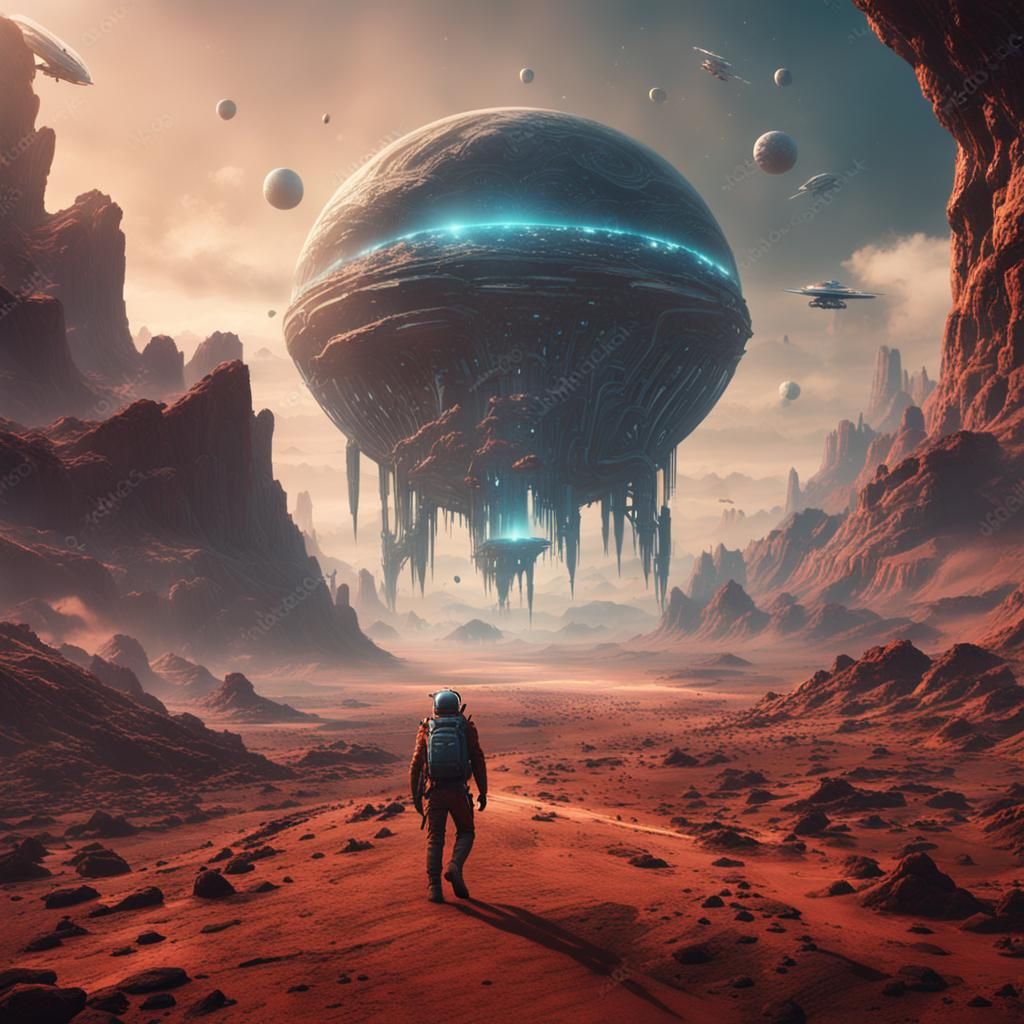 Human Explorer Lands on Alien Planet in Detailed Painting