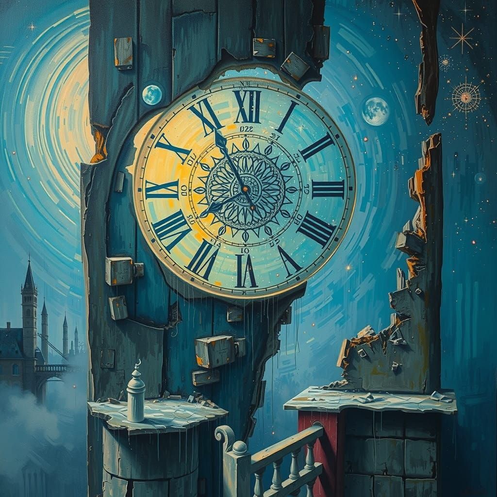 Impressionist Clock Tower Erodes into Celestial Patterns