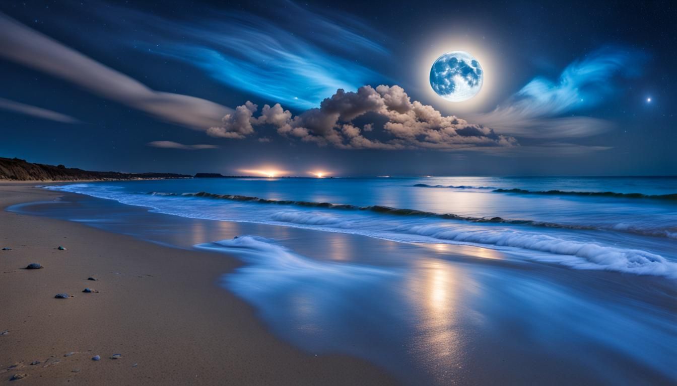 Visually breathtaking landscape of the radiant blue bioluminescense on the shoreline and beaches on a full moon night wi...