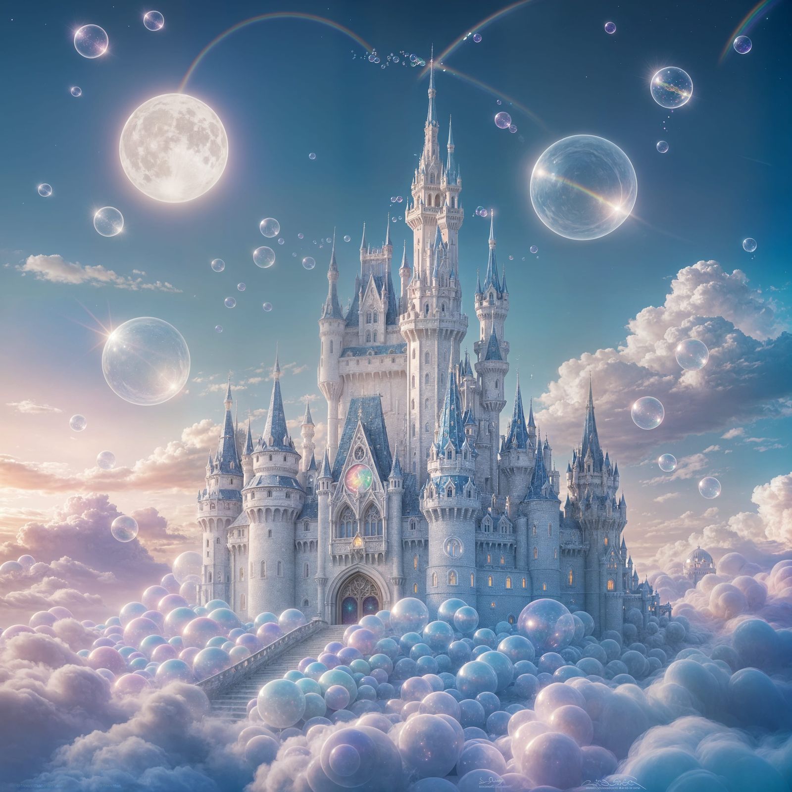 Floating Soap Bubble Castle in Twilight Sky