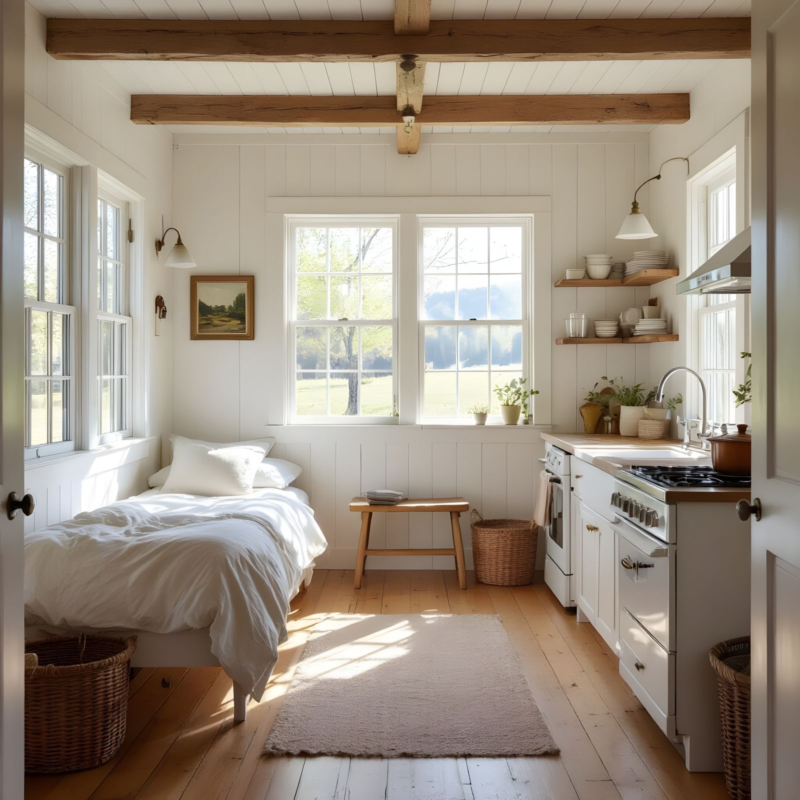 Cozy Rural House Interior: Bedroom, Living Room, Kitchen