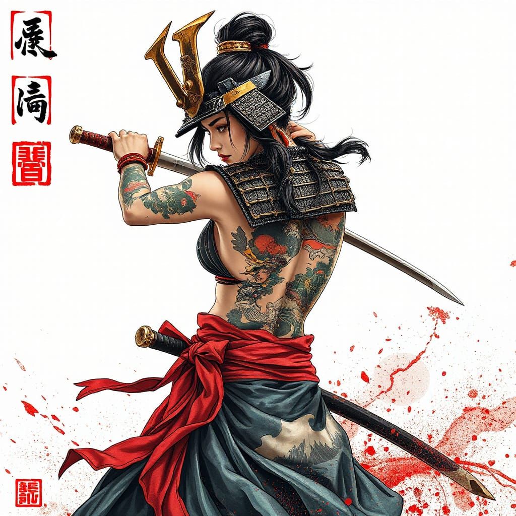 Samurai Woman with Tattoo, Hokusai-inspired Digital Art