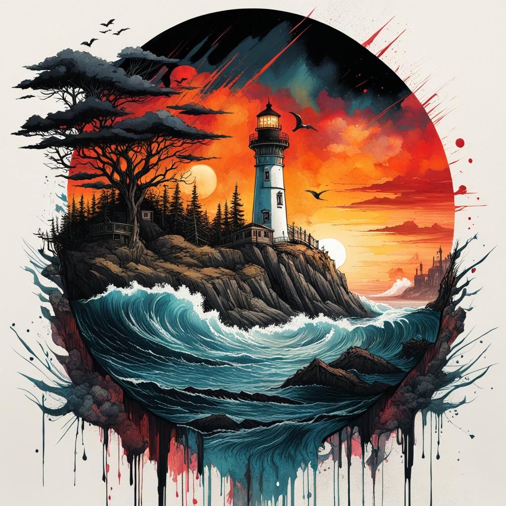 Lighthouse in Surreal Neo-Victorian Collage Art