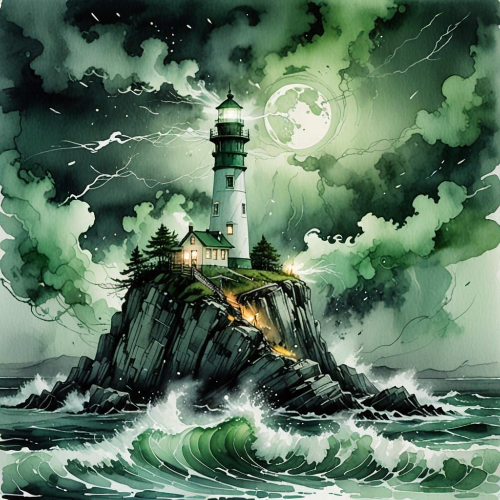 Lighthouse Illuminates Monochromatic Green Night Sky