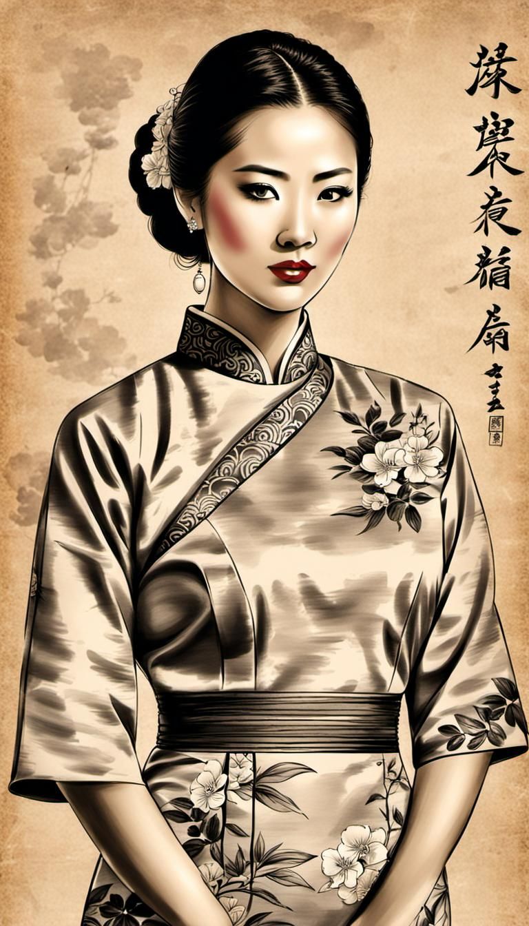 Elegant Charcoal Sketch of Woman in Qipao