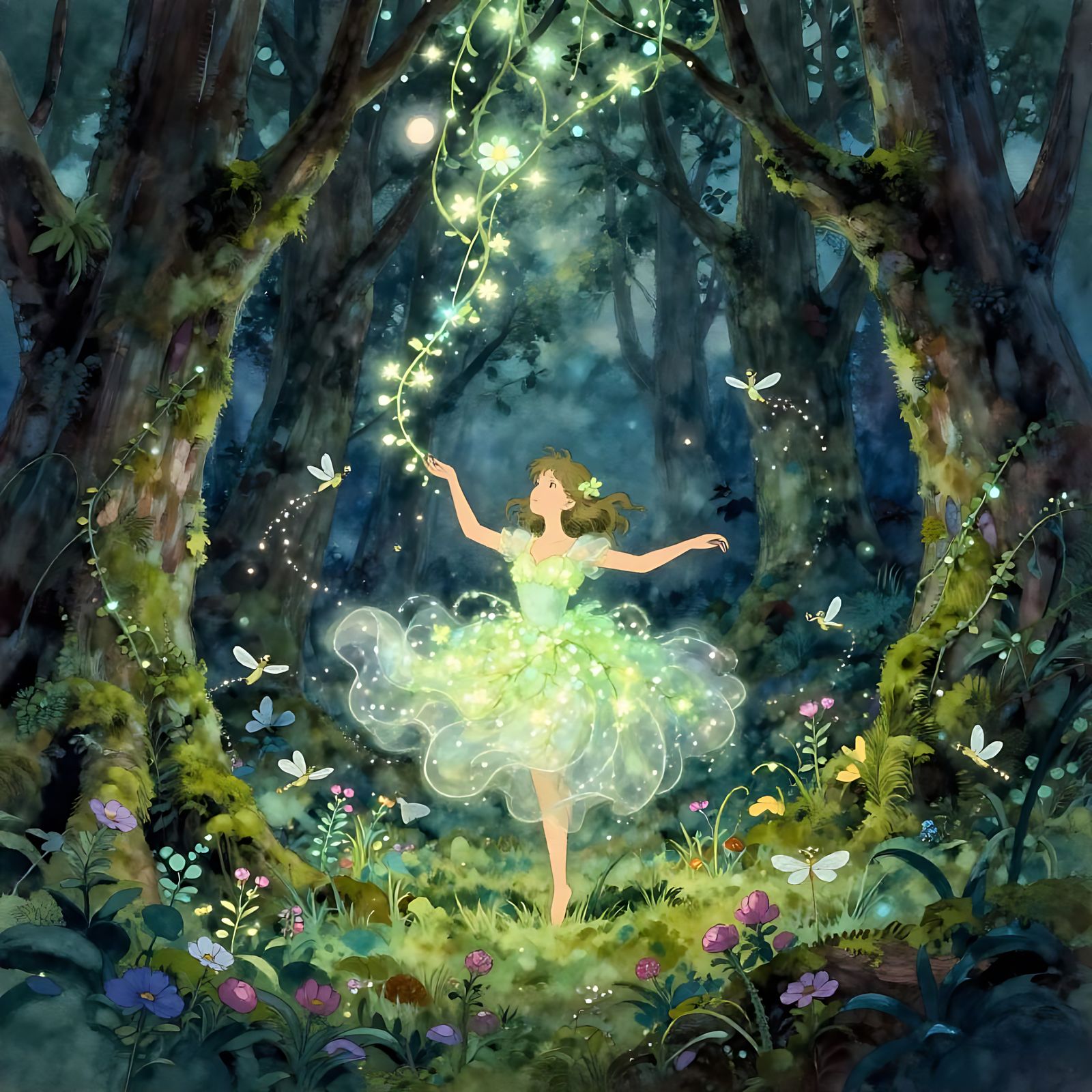 Ethereal Forest Spirit Dancing in Moonlit Glade