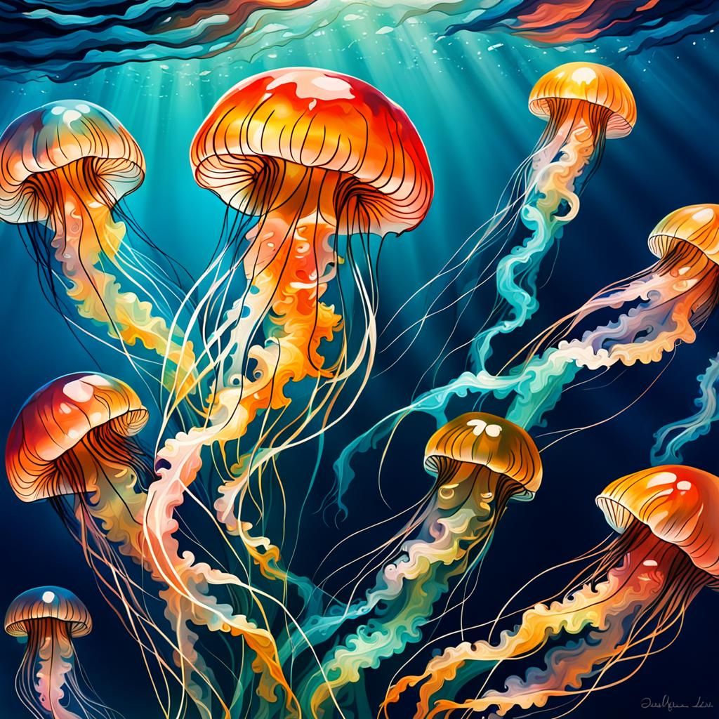 Abstract Jellyfish in Ocean with Complementary Colors