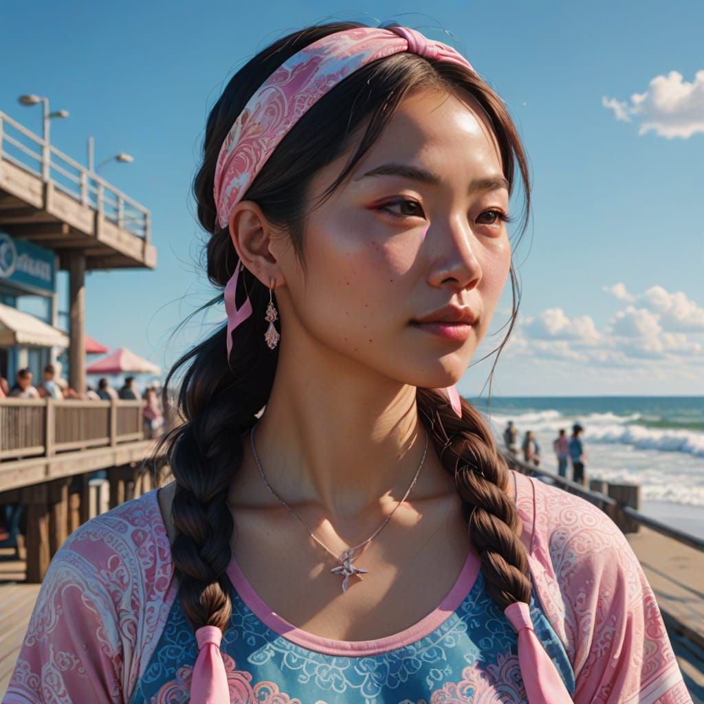 Young Woman with Braids on Boardwalk in Photorealism