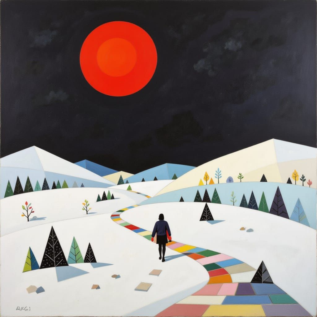 Solitary Figure in Stark Snowy Landscape