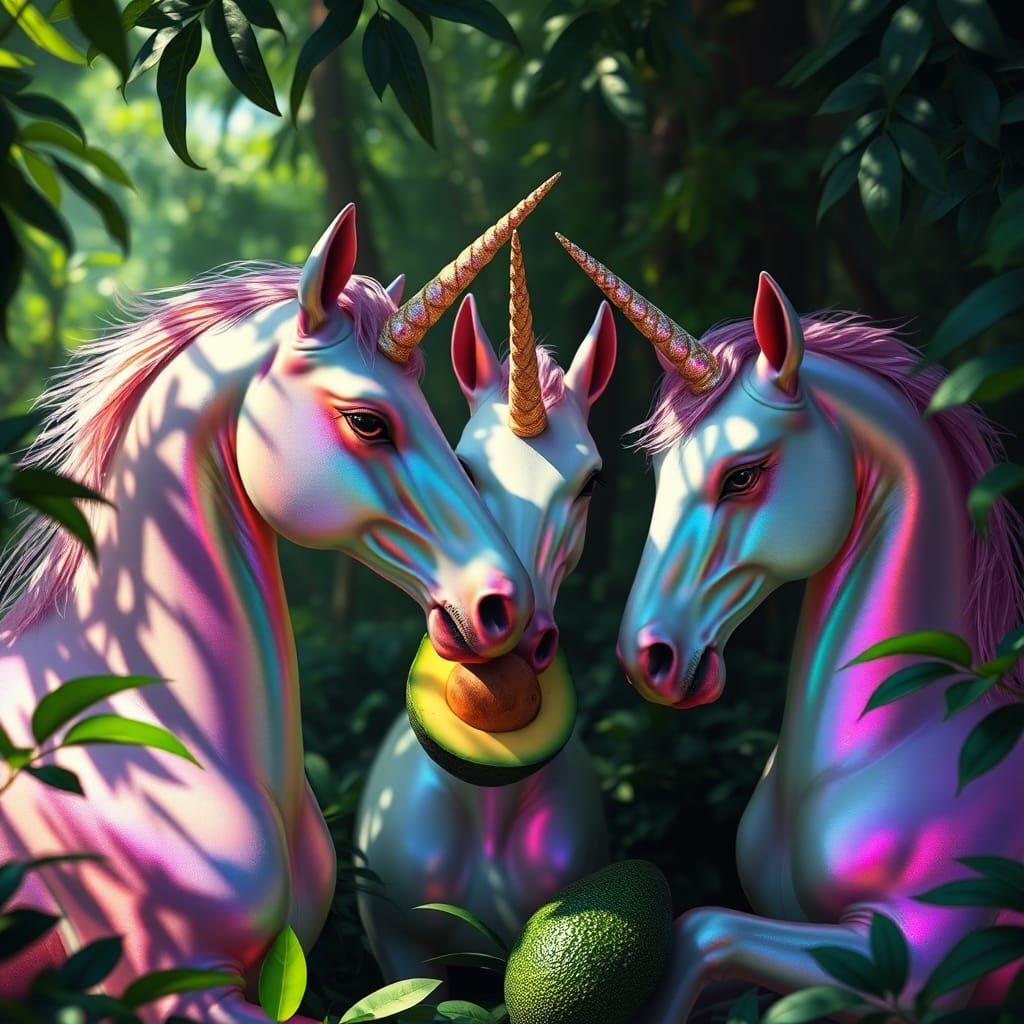 Iridescent Unicorns Devouring Avocados in Dreamlike Forest