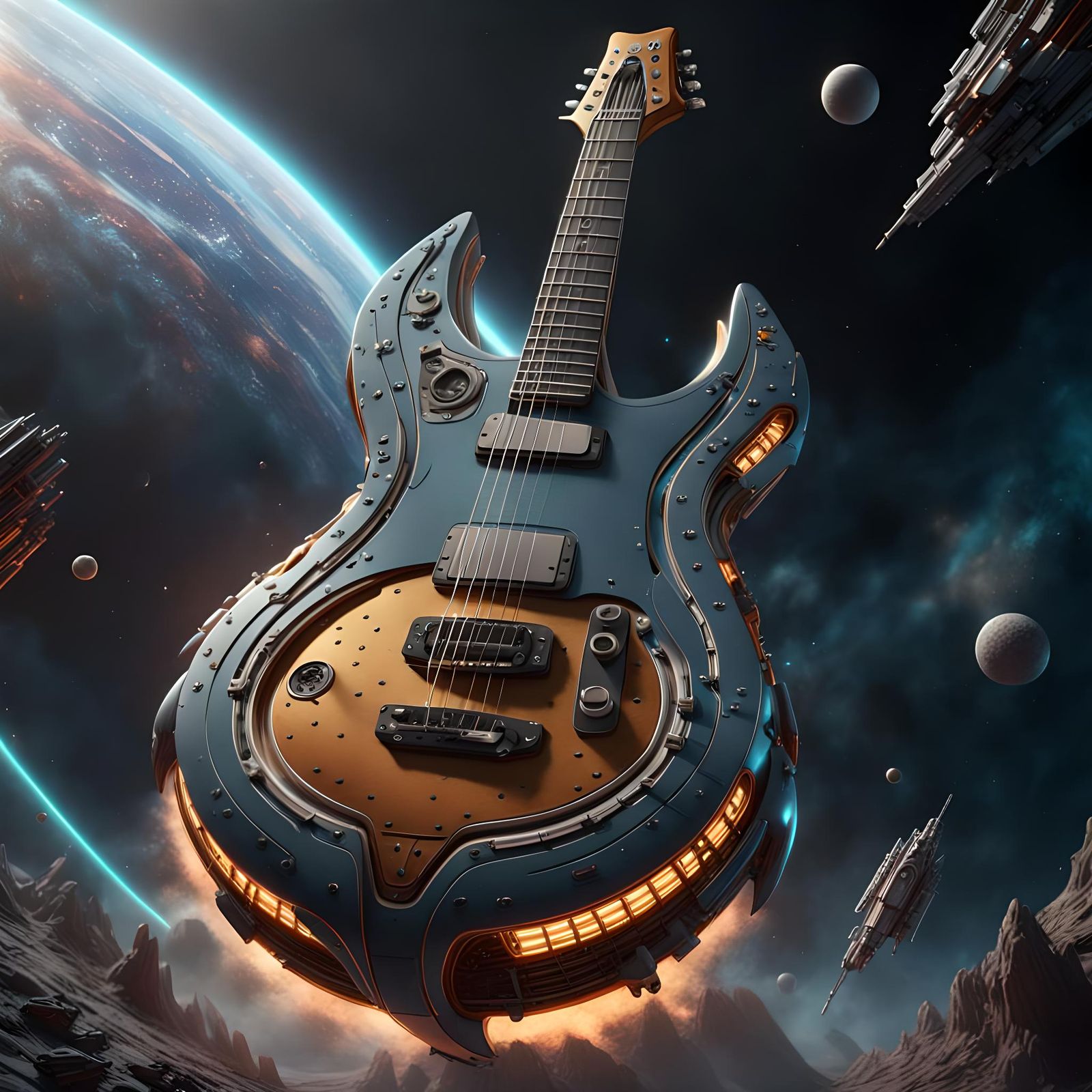 Guitar Spaceship Rockets Through Space in Detailed Painting