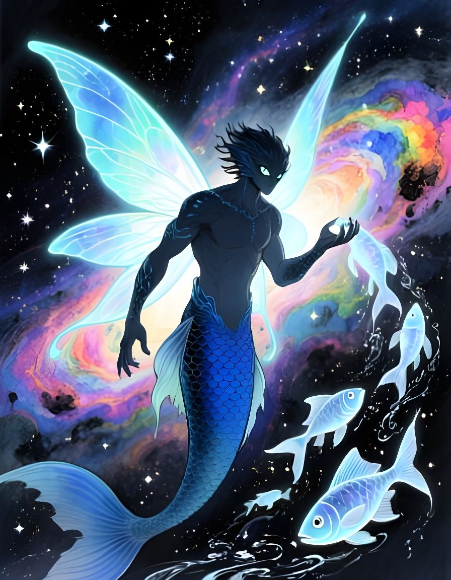Celestial Merman with Fairy Wings in Cosmic Watercolor Style
