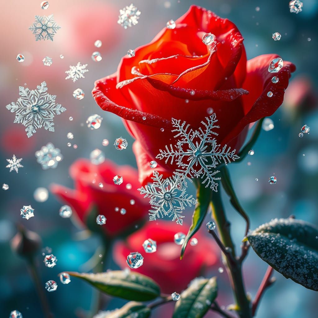 Surreal Snowflake Roses Dance in a Hyperrealistic Dreamscape