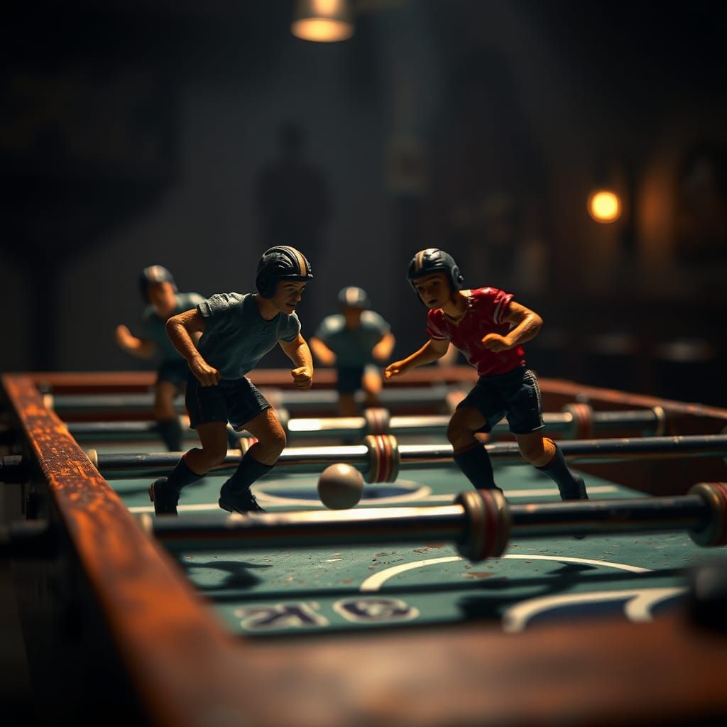 Hyperrealistic Miniature Football Players on Foosball Table