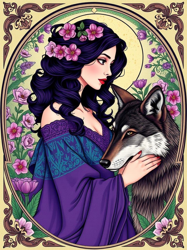 Art Nouveau Woman with Flowers and Wolf