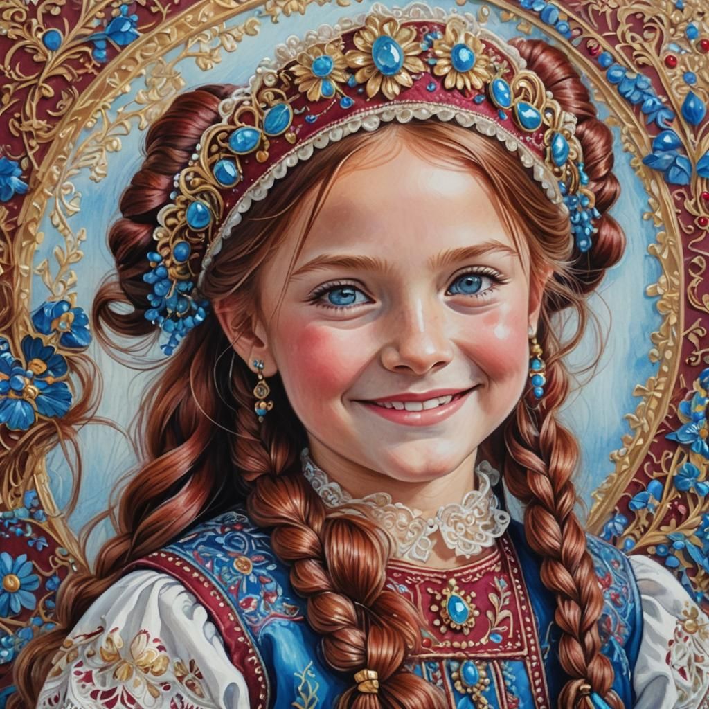 Russian Girl in Folk Costume, Colored Pencil Monet Style