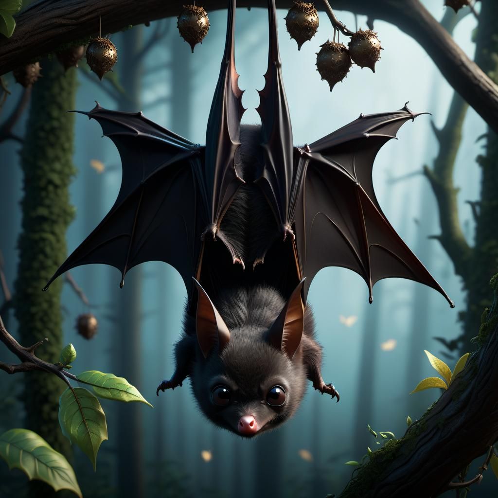Cute Bat Hanging Upside Down in Forest