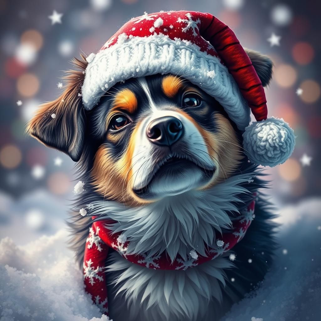 Dog in Beanie Covered in Snow