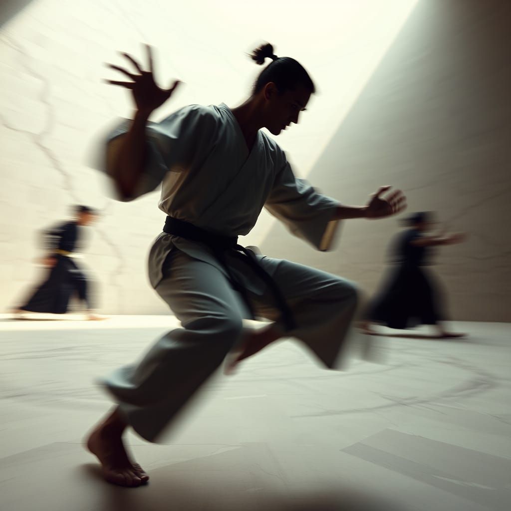 Dynamic Karateka in Dreamlike Surreal Style