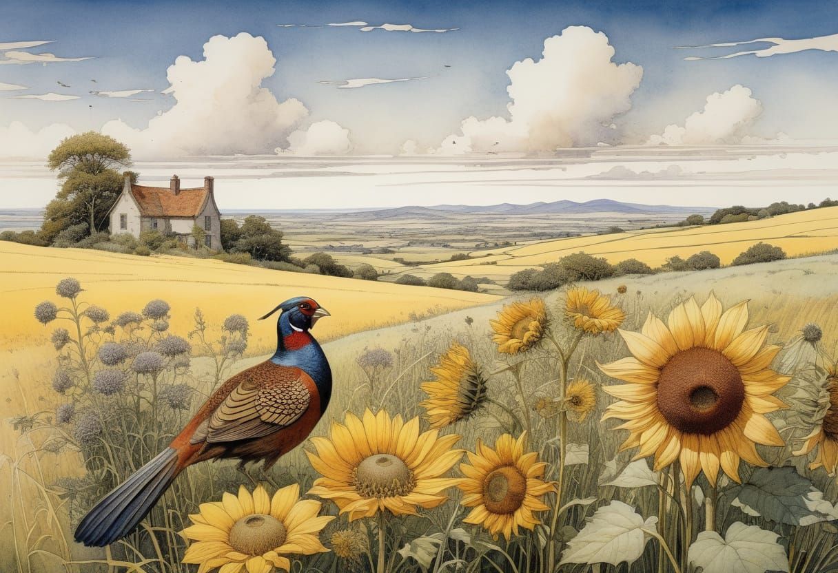 Peaceful Summer Countryside Scene with Pheasant and Wildflow...
