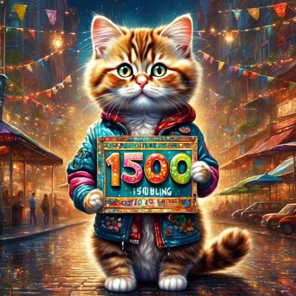 Cat Celebrates 1500 Followers with Colorful Sign