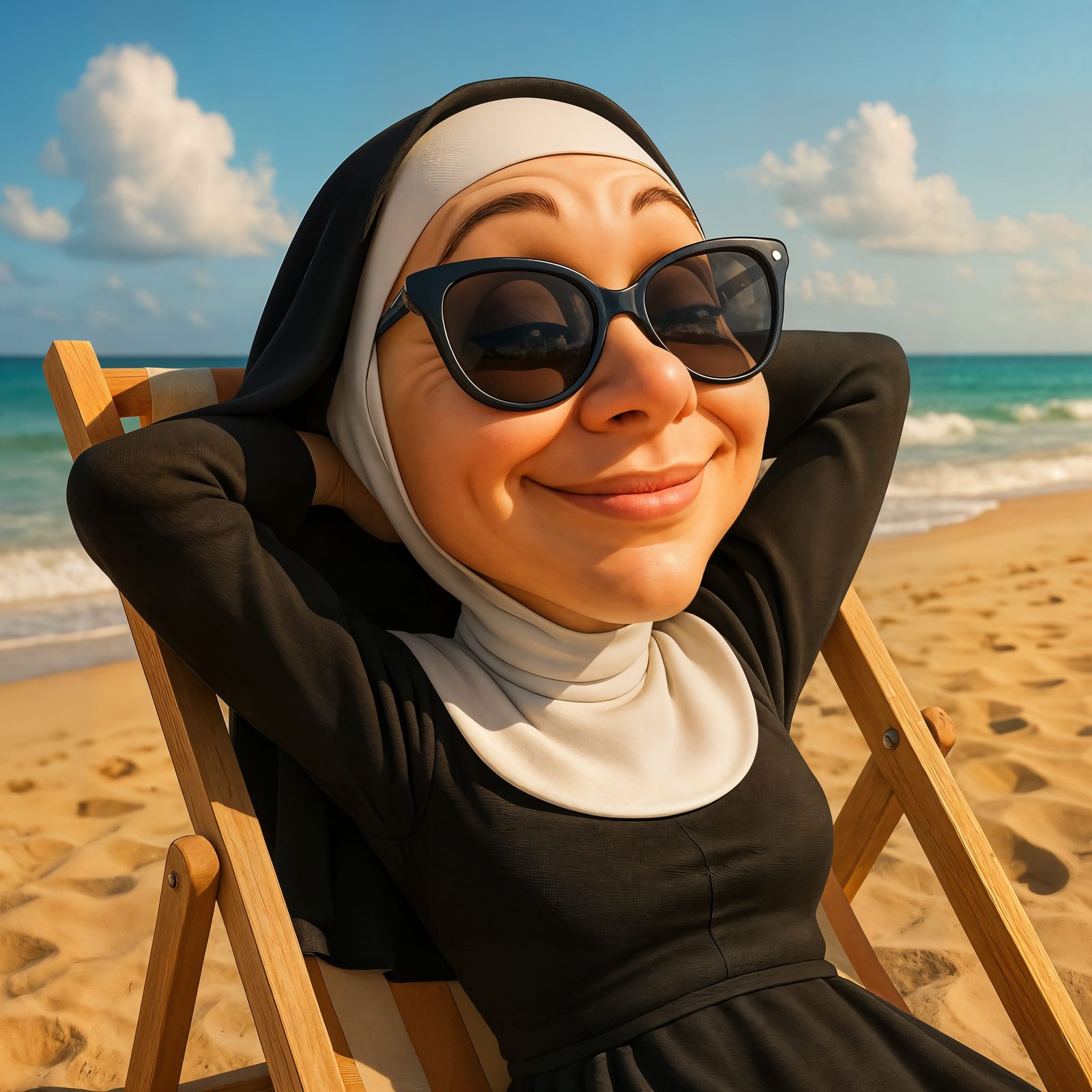 CGI Nun Relaxing on a Sunny Beach
