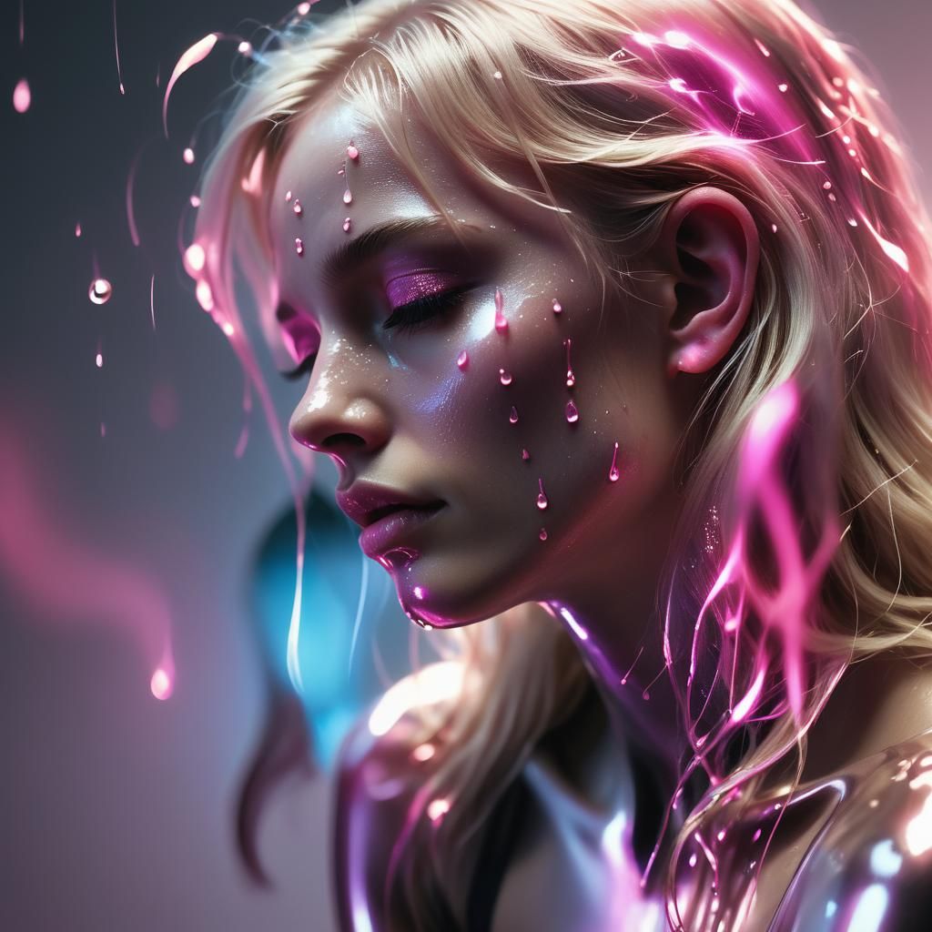 Surreal Metallic Woman with Liquid Light Tears
